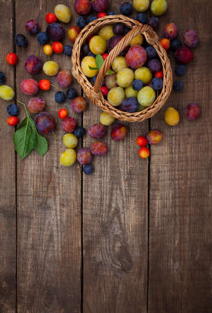 variety of plums on wooden surfaceの写真素材