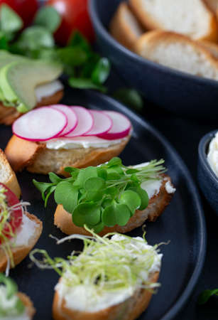toasted breads of baguette with cream cheese and vegetables