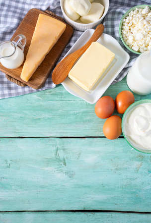 dairy products on wooden surfaceの写真素材