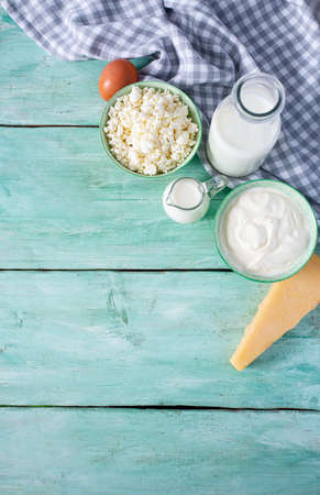 dairy products on wooden surfaceの写真素材