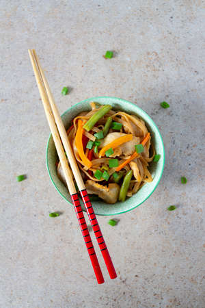asian noodles with vegetables and mushroomsの写真素材