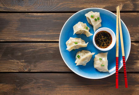 fresh japanese gyoza dumplings with soya souceの写真素材
