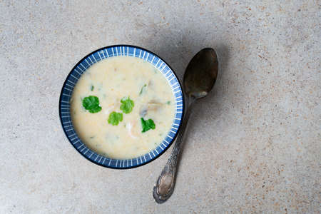 hot coconut mushroom and shrimp soupの写真素材