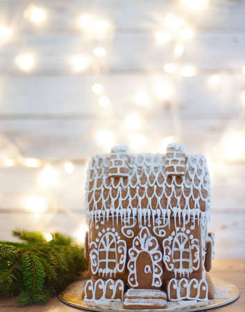gingerbread house and Christmas lights