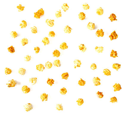 Caramelized pop corn isolated on whiteの写真素材