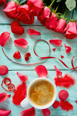 cup of coffee and hearts on light surfaceの写真素材
