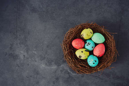 painted quail eggs on stone surfaceの写真素材