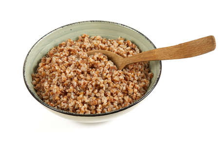 cooked buckwheat isolated on white backgroundの写真素材