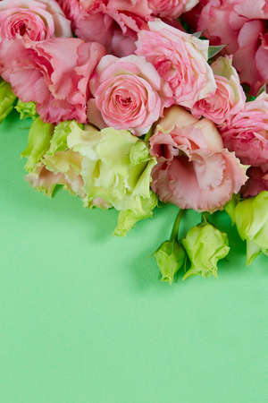 pink eustoma and rose flowers on green surfaceの写真素材