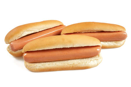 hot dogs with mustard and ketchup isolated on white backgroundの写真素材