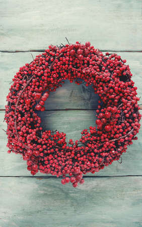 beautiful wreath on wooden surfaceの写真素材