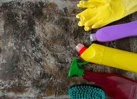 cleaning utensil on grey stone surface and copy space for your textの写真素材