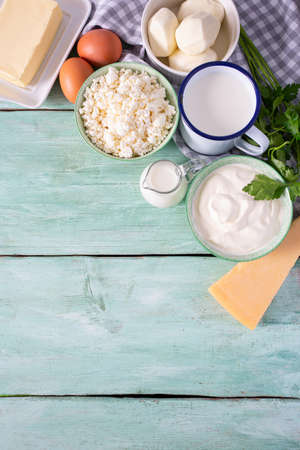 dairy products on turquoise surfaceの写真素材