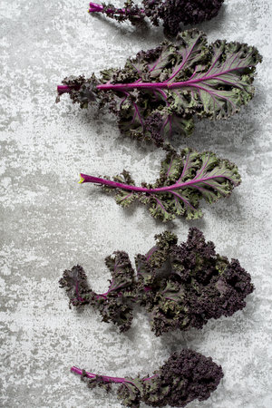red kale on grey stone surface, top viewの写真素材
