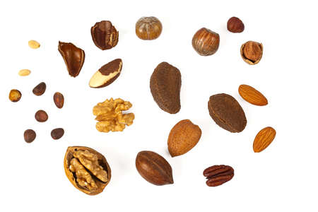 whole nuts isolated on white background, top view