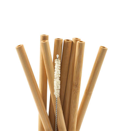 Bamboo straws isoalted on white background. Drinking straws from bamboo wood for reusing and reducing the use of plastic straw.の写真素材
