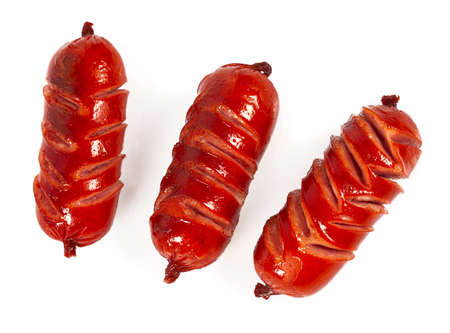 roasted smoked sausages isolated on white backrgound, top viewの写真素材