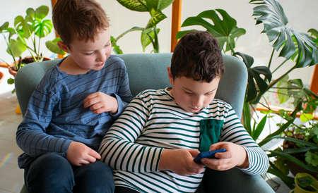 older brother is playing phone game and other is watching