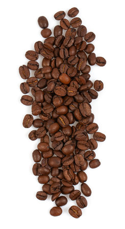 Coffee beans isolated on white background. Coffee bean close up. Top view.の写真素材