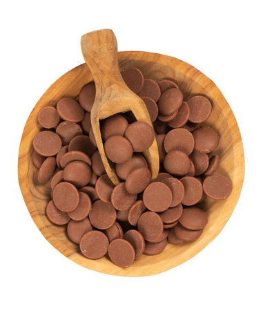Tasty chocolate morsels isolated on white background.  Top view.の写真素材