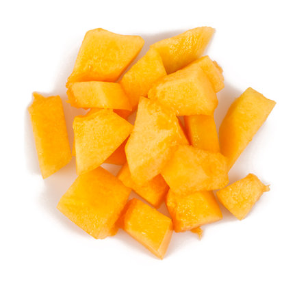 Pieces of melon isolated on white. Cut melon isolated on white background. Top view.の写真素材