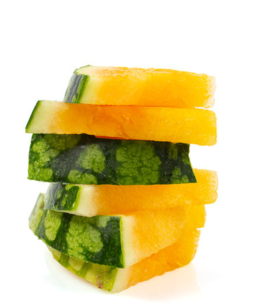Cut yellow water melon isolated on white background, Top view.の写真素材