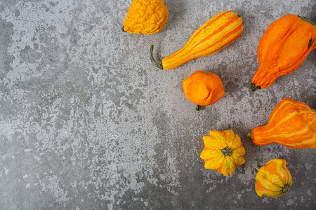 Decorative pumpkins on grey surface. Top view and empty space for your text.の写真素材