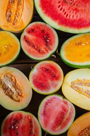 Variety of melons and water melons on wooden surface. Food backgrounds. Top view.の写真素材