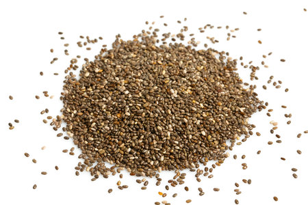 Chia seeds close up. Superfood concept. Isolated on white background.の写真素材