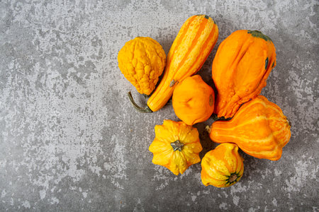 Decorative pumpkins on grey surface. Top view and empty space for your text. Top view. Empty space for your text.の写真素材