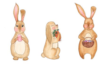 Watercolor set of Easter rabbits の写真素材