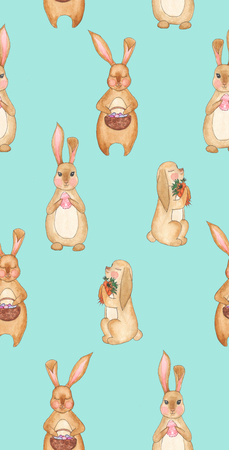 Watercolor seamless Easter pattern with rabbitsの写真素材