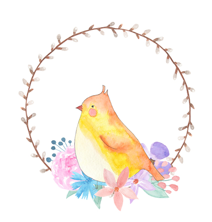 Watercolor willow wreath with bird and flowersの写真素材