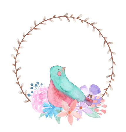 Watercolor willow wreath with bird and flowersの写真素材