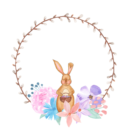 Watercolor willow wreath with Easter rabbit and flowersの写真素材