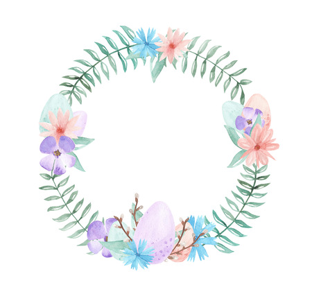 Watercolor wreath with flowers and pastel eggsの写真素材