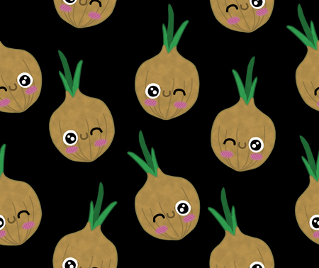 fruits seamless pattern isolated black background onionの写真素材