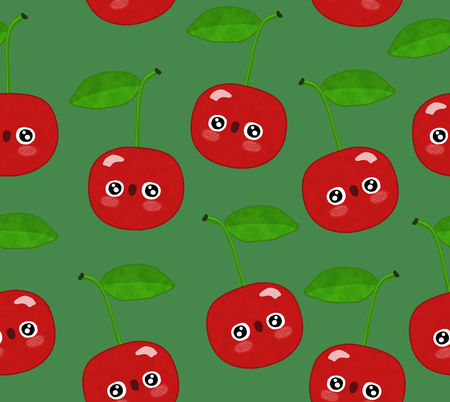 berries seamless pattern isolated green background cherryの写真素材