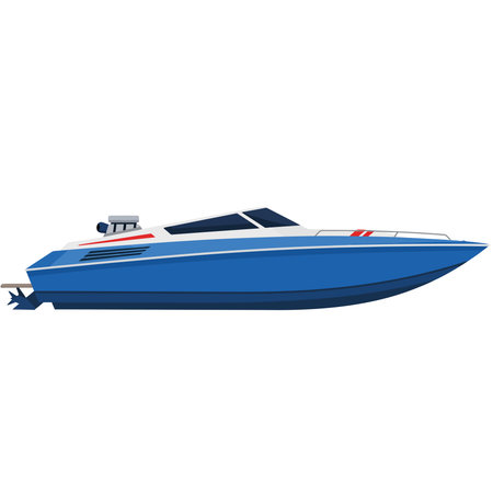 Side view of a modern blue powerboat. A fast motorboat or speedboat for recreation and water sports. Vector illustration isolated on a white background.のイラスト素材