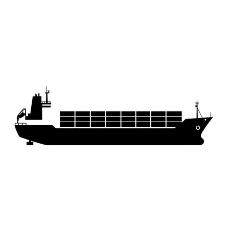 Black silhouette of a large cargo container ship. Freight vessel icon for logistics and international shipping industry. Isolated vector illustration.のイラスト素材