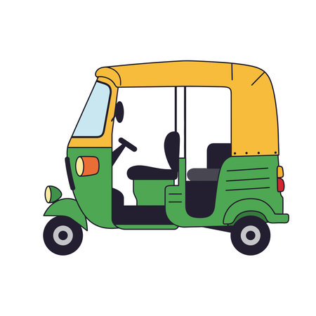 Illustration of a green and yellow auto rickshaw, a common mode of transport in many countries, on a white background.のイラスト素材