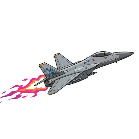 Illustration of a fighter jet in flight, leaving a trail of colorful afterburner flames.のイラスト素材