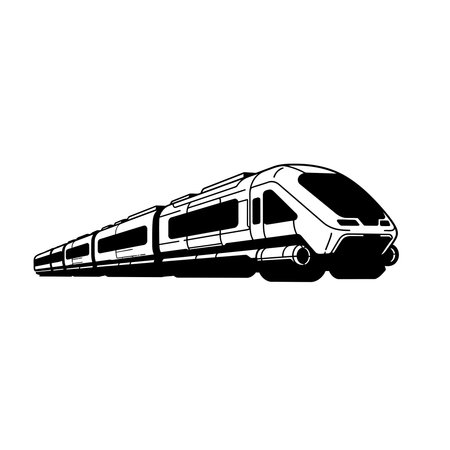A black and white vector illustration of a modern high speed passenger train isolated on a white background.のイラスト素材