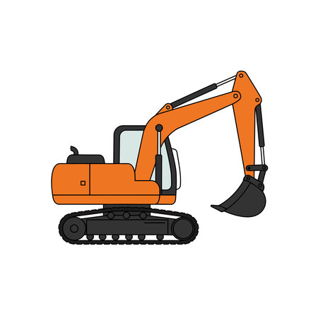 An orange excavator, a heavy construction vehicle, used for digging and earthmoving, isolated on a white background.のイラスト素材