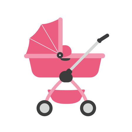 A flat vector illustration of a pink baby stroller or pram for a newborn girl. Isolated on a white background, side view.のイラスト素材