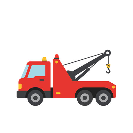 A simple, flat illustration of a red tow truck with a black crane and hook.のイラスト素材
