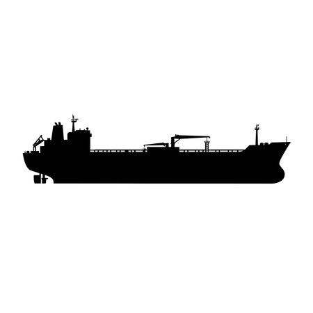 A black silhouette of a large industrial oil or chemical tanker ship. Side view of a maritime vessel isolated on a white background. Vector illustration.のイラスト素材