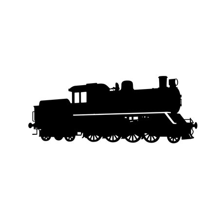 Black silhouette of a classic steam train, isolated on a white backdrop.のイラスト素材