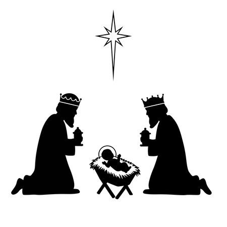 A black and white silhouette of a nativity scene. Two wise men, or magi, wearing crowns are kneeling in adoration before the baby Jesus in a manger. Above them shines the Star of Bethlehem.のイラスト素材