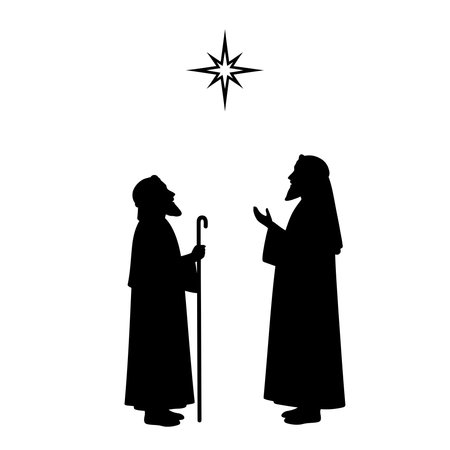 Silhouettes of two wise men, one with a staff, looking up at a bright star, symbolizing guidance and faith.のイラスト素材